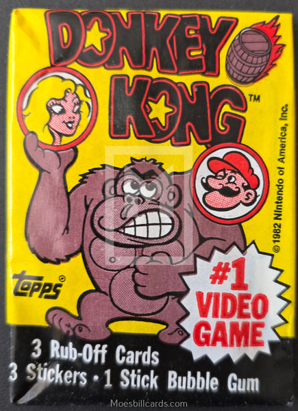 Donkey Kong trading card pack with character illustration and text on a yellow background