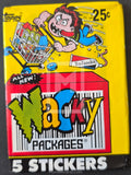Wacky Packages trading card pack with cartoon character and 'Topps' branding.