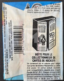 Back of a trading card packaging with a locker illustration and text in French.