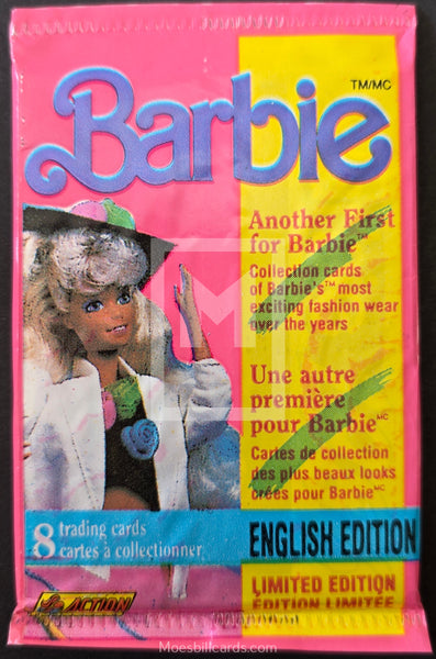 Barbie trading card packaging with a doll image on a pink and yellow background