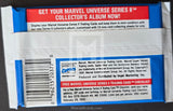 Marvel Universe Series II trading card packaging with promotional text and Marvel logo.