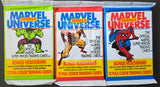 Three packs of Marvel Universe trading card series with colorful packaging.