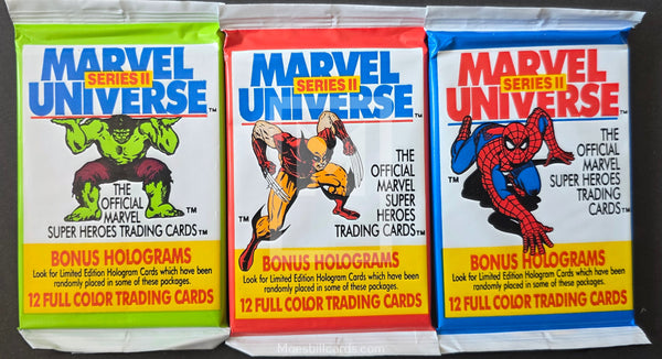 Three packs of Marvel Universe trading card series with colorful packaging.