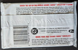 DC Comics trading card package with back panel showing text and branding.