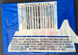 Bar code and branding information on a blue product packaging