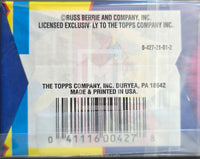 Back of a Topps trading card packaging with branding and address information.