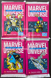 Four packs of Marvel Universe trading cards from Skybox on a black background