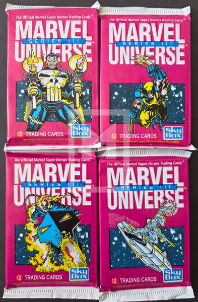Four packs of Marvel Universe trading cards from Skybox on a black background