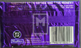 Purple trading card packaging with DC Comics branding and subscription offer.