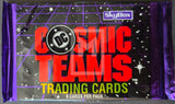Pack of DC Cosmic Teams trading cards with SkyBox branding on a reflective surface.