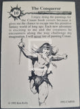Card featuring an illustration of a character holding a sword with text about painting Conan book covers.