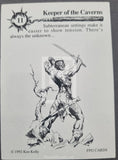 Card featuring a black and white illustration of a character with a sword, titled 'Keeper of the Caverns', with text about subterranean settings.