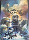 Artistic depiction of a muscular figure riding a creature with a colorful sky and clouds in the background.