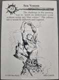 Card with a black and white illustration of a warrior and text about painting an underwater scene.