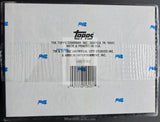 The back of a sealed Topps trading card box, showing the Topps logo, manufacturer address, barcode, and blue printed Topps branding on a white package.