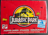Topps Jurassic Park movie cards and stickers booster box, sealed in plastic. The red box features the Jurassic Park logo with a T-Rex silhouette, Topps branding, and a collectible 2 action holograms sticker.