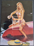 Vintage-style illustration of a woman in a bikini on a red boat with a dark water background.