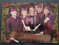 Graduation-themed collage with five people in caps and gowns, holding diplomas, on a decorative background.