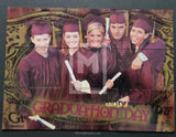 Graduation-themed collage with five people in caps and gowns, holding diplomas, on a decorative background.