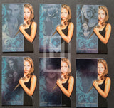 Set of trading cards featuring a character with a sword on a dark background