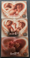 Three card set from 'Buffy the Vampire Slayer' featuring romantic scenes with 'mad love', 'doomed love', and 'first love'.