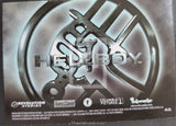 Hellboy logo on a metallic background with branding information.