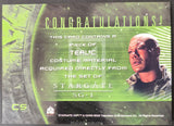 Trading card featuring a character from 'Stargate SG-1' with text about Teal'ic costume material.