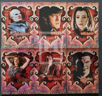 Collage of six character portraits with decorative borders and text on a red background