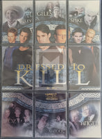 Collection of trading cards featuring characters from a TV show, with 'Dressed to Kill' prominently displayed.