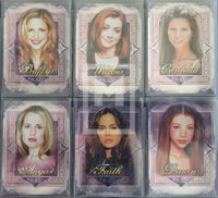 Six trading cards featuring characters from a popular television series with decorative borders and names.