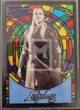 Character in armor with a sword against a stained glass-style background, featuring the name 'Legolas'.