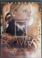 Trading card featuring a character from 'Buffy the Vampire Slayer' with text 'Inspired Leader of Slayers'.