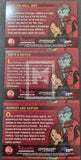 Back cover of a trading card featuring characters from a superhero series with promotional text and logos.