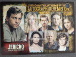 Trading card for the TV show 'Jericho' featuring character portraits and text.