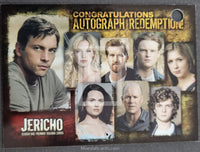 Trading card for the TV show 'Jericho' featuring character portraits and text.
