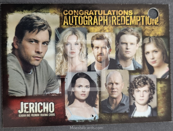 Trading card for the TV show 'Jericho' featuring character portraits and text.