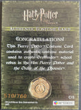 Harry Potter costume card with text and a gold emblem on a green background