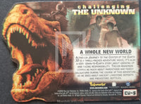 Movie poster or promotional card with a dinosaur and text about 'Journey to the Center of the Earth' 3D