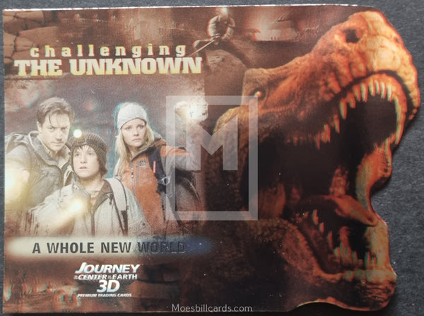 Trading card featuring characters from 'Journey to the Center of the Earth' with a dinosaur and promotional text.