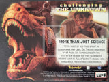 Cardback of a science fiction card featuring a dinosaur and a person with text 'Challenging the Unknown' and 'More than just science'.