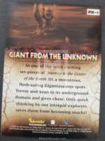Promotional card for 'Journey to the Center of the Earth 3D' featuring a Gigantosaurus and text about the movie.