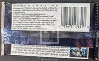 Back of a trading card pack with text and a barcode