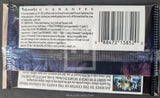 Back of a trading card pack with text and a barcode