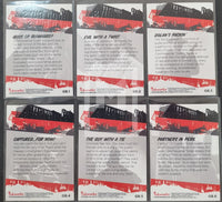 Set of trading cards with text and graphics on a gray background