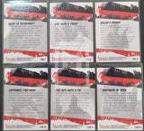 Set of trading cards with text and graphics on a gray background