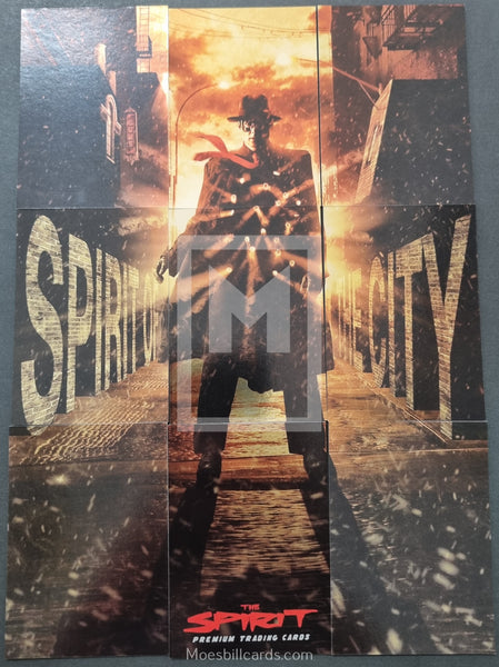 Card featuring a character in a trench coat with 'The Spirit' branding and a cityscape background.