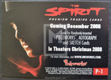 Promotional card for 'The Spirit' premium trading cards by Inkworks, featuring a stylized image of a character with red hair and a black background.