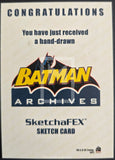 Batman Archives SketchaFEX sketch card with congratulatory text on a beige background