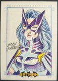Illustration of a superheroine in a purple and blue costume with a mask, on a beige background.