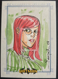 Illustration of a character with red hair and glasses, framed by 'Batman' logo and signature